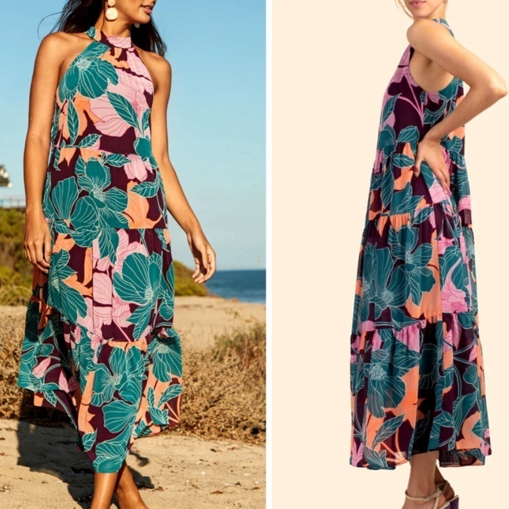 Trina Turk NWT Sunglasses Maxi Dress Tropical Print Teal,Pink,Tangerine Sz M - Picture 4 of 14